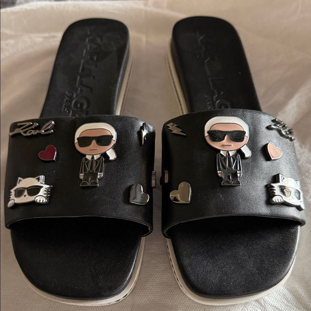 Karl Lagerfeld Black Slide Sandals with Enamel Character Pins